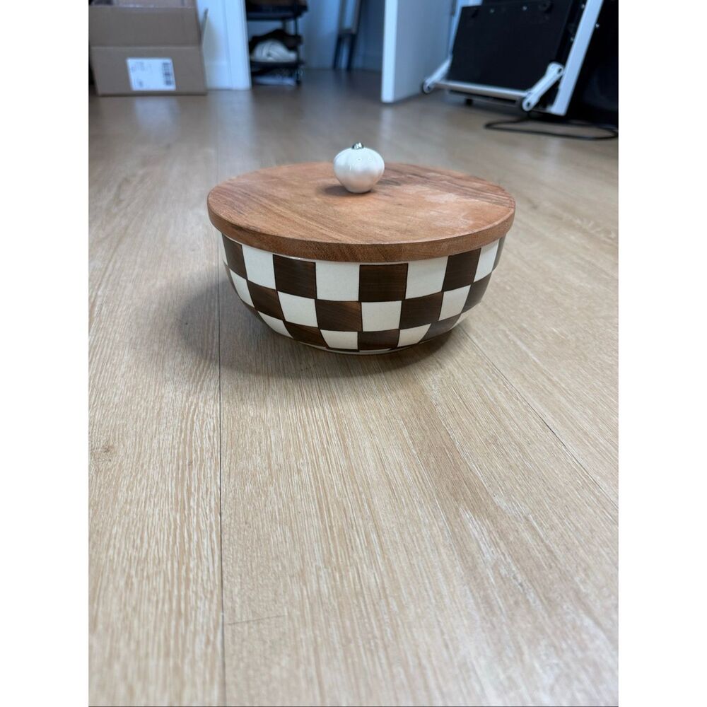 Contemporary checkered porcelain bowl with lid